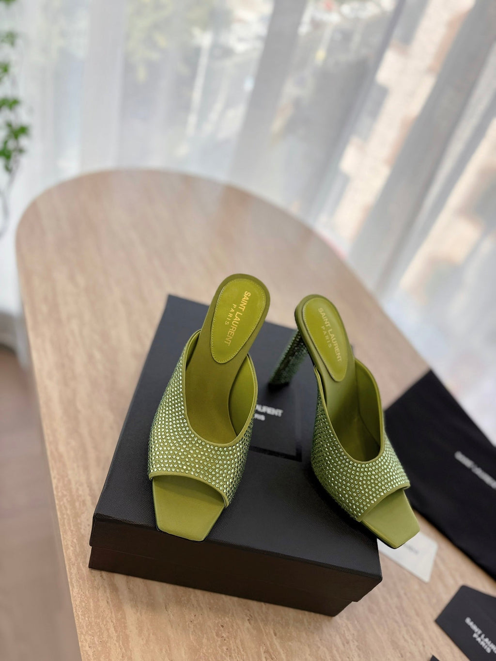 LOUIS VUITTON HIGH HEEL BLONDE MULE 10 CM IN OLIVE GREEN SATIN WITH RHINESTONES
