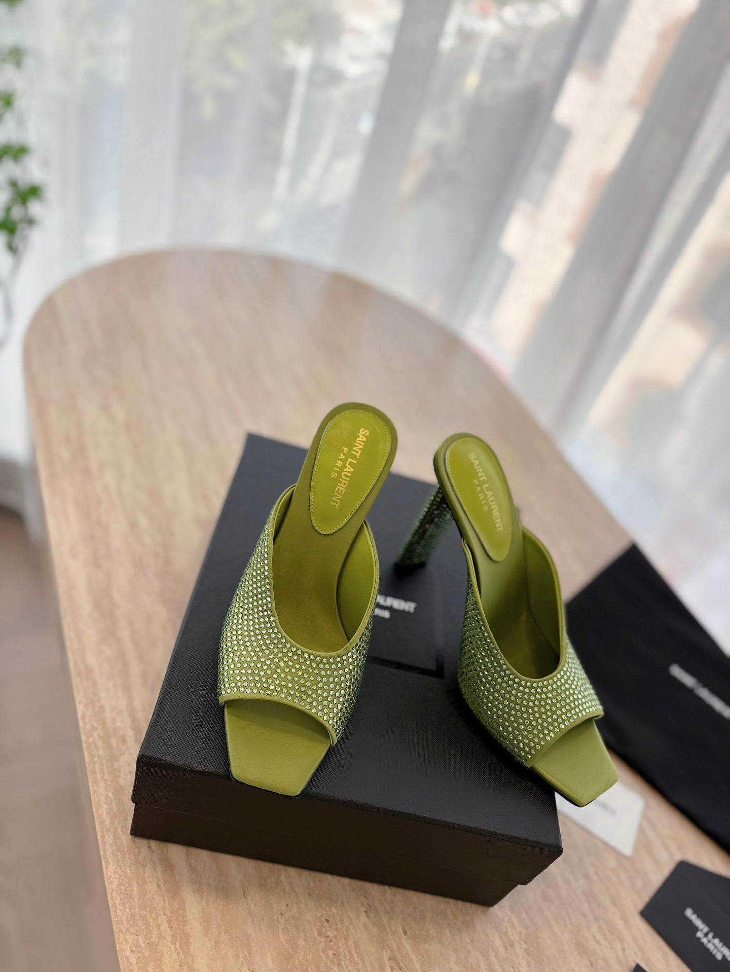 LOUIS VUITTON HIGH HEEL BLONDE MULE 10 CM IN OLIVE GREEN SATIN WITH RHINESTONES