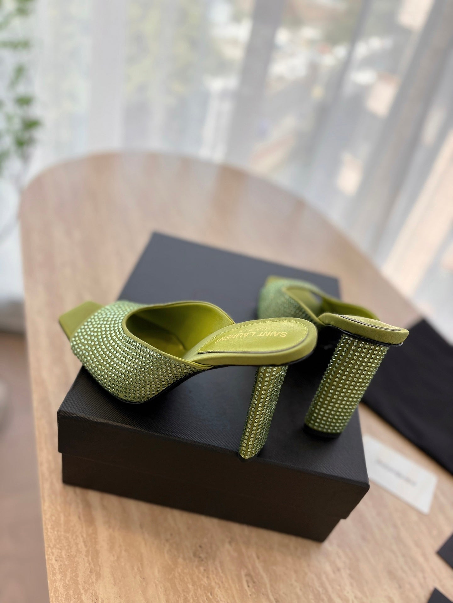 LOUIS VUITTON HIGH HEEL BLONDE MULE 10 CM IN OLIVE GREEN SATIN WITH RHINESTONES