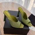 LOUIS VUITTON HIGH HEEL BLONDE MULE 10 CM IN OLIVE GREEN SATIN WITH RHINESTONES