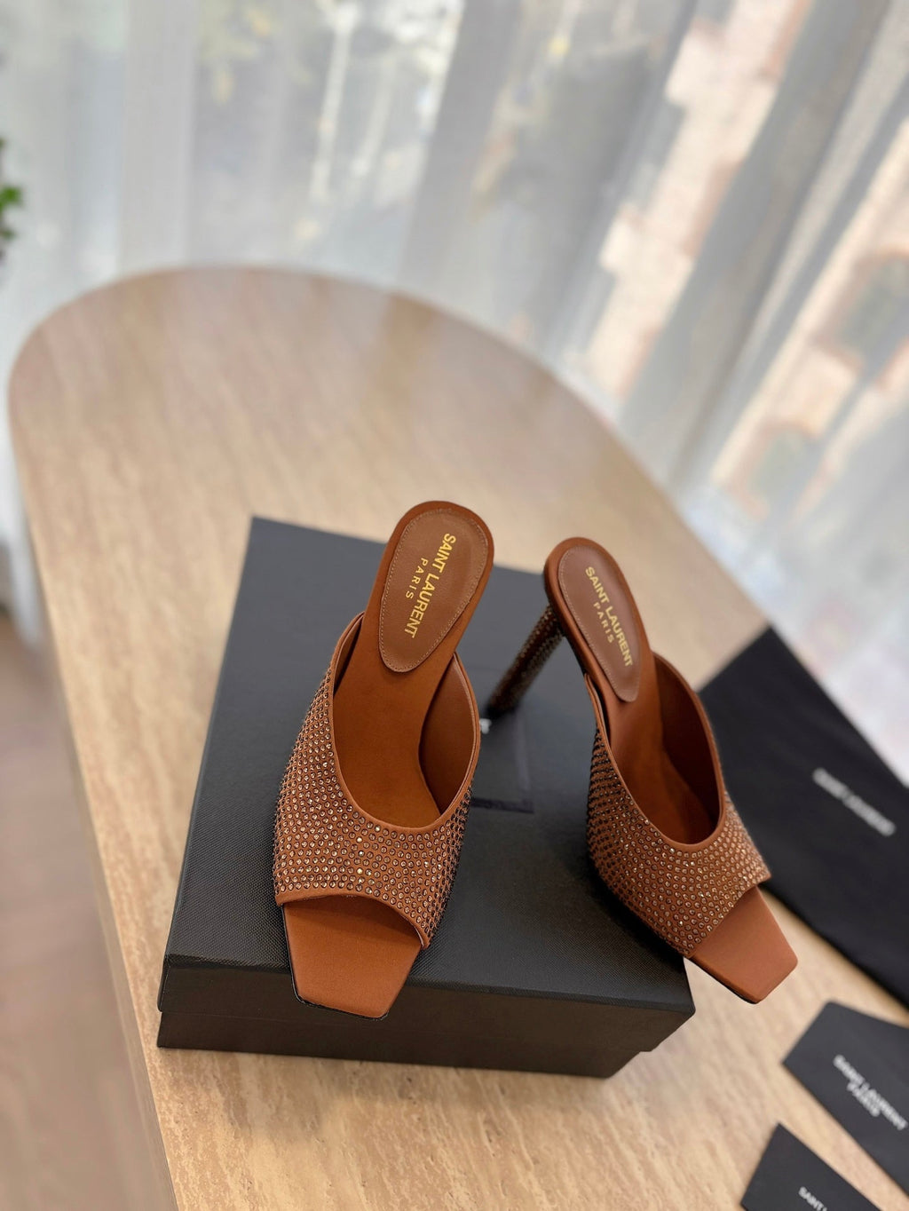 LOUIS VUITTON HIGH HEEL BLONDE MULE 10 CM IN BRONZE BROWN SATIN WITH RHINESTONES