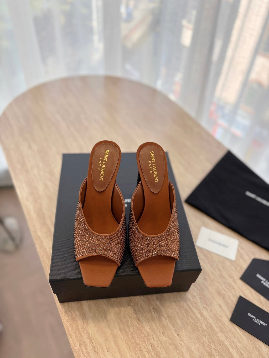 LOUIS VUITTON HIGH HEEL BLONDE MULE 10 CM IN BRONZE BROWN SATIN WITH RHINESTONES