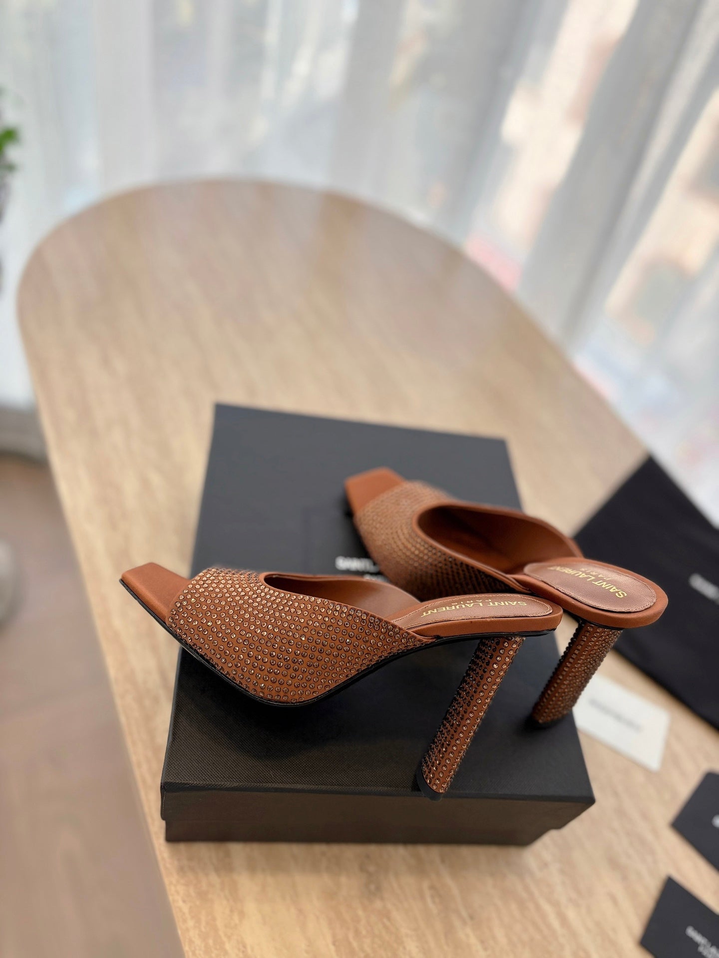 LOUIS VUITTON HIGH HEEL BLONDE MULE 10 CM IN BRONZE BROWN SATIN WITH RHINESTONES