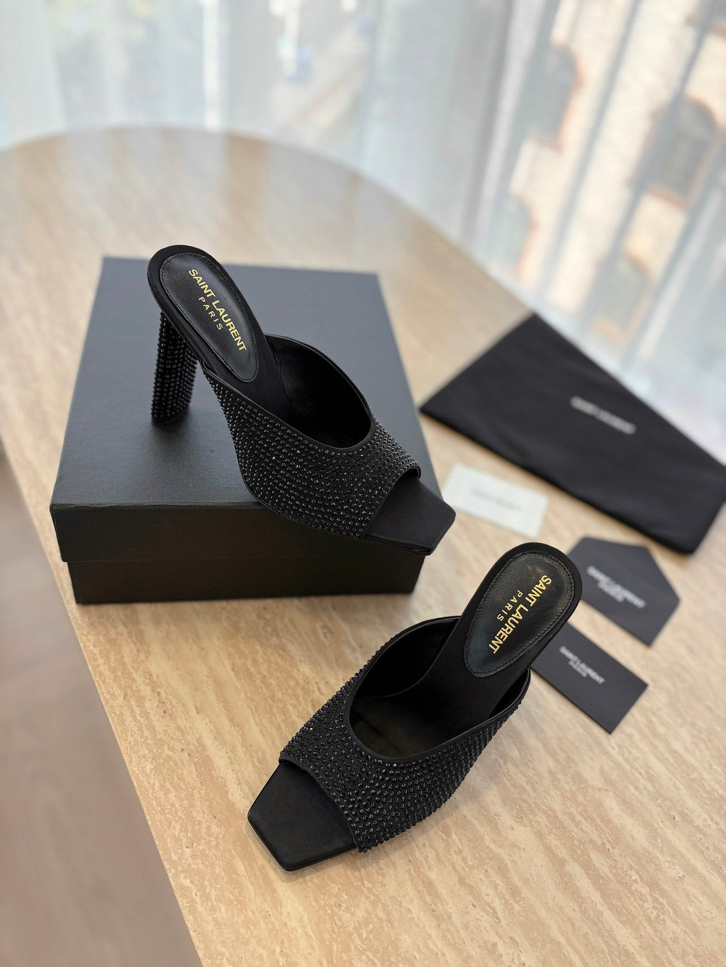 LOUIS VUITTON HIGH HEEL BLONDE MULE 10 CM IN BLACK SATIN WITH RHINESTONES