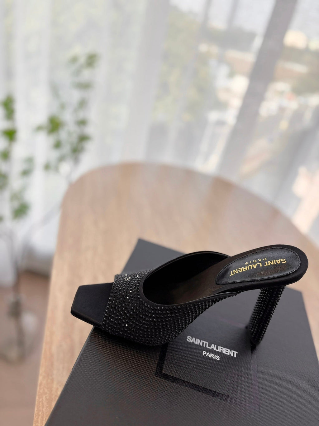 LOUIS VUITTON HIGH HEEL BLONDE MULE 10 CM IN BLACK SATIN WITH RHINESTONES