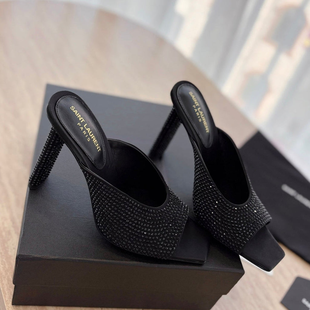 LOUIS VUITTON HIGH HEEL BLONDE MULE 10 CM IN BLACK SATIN WITH RHINESTONES