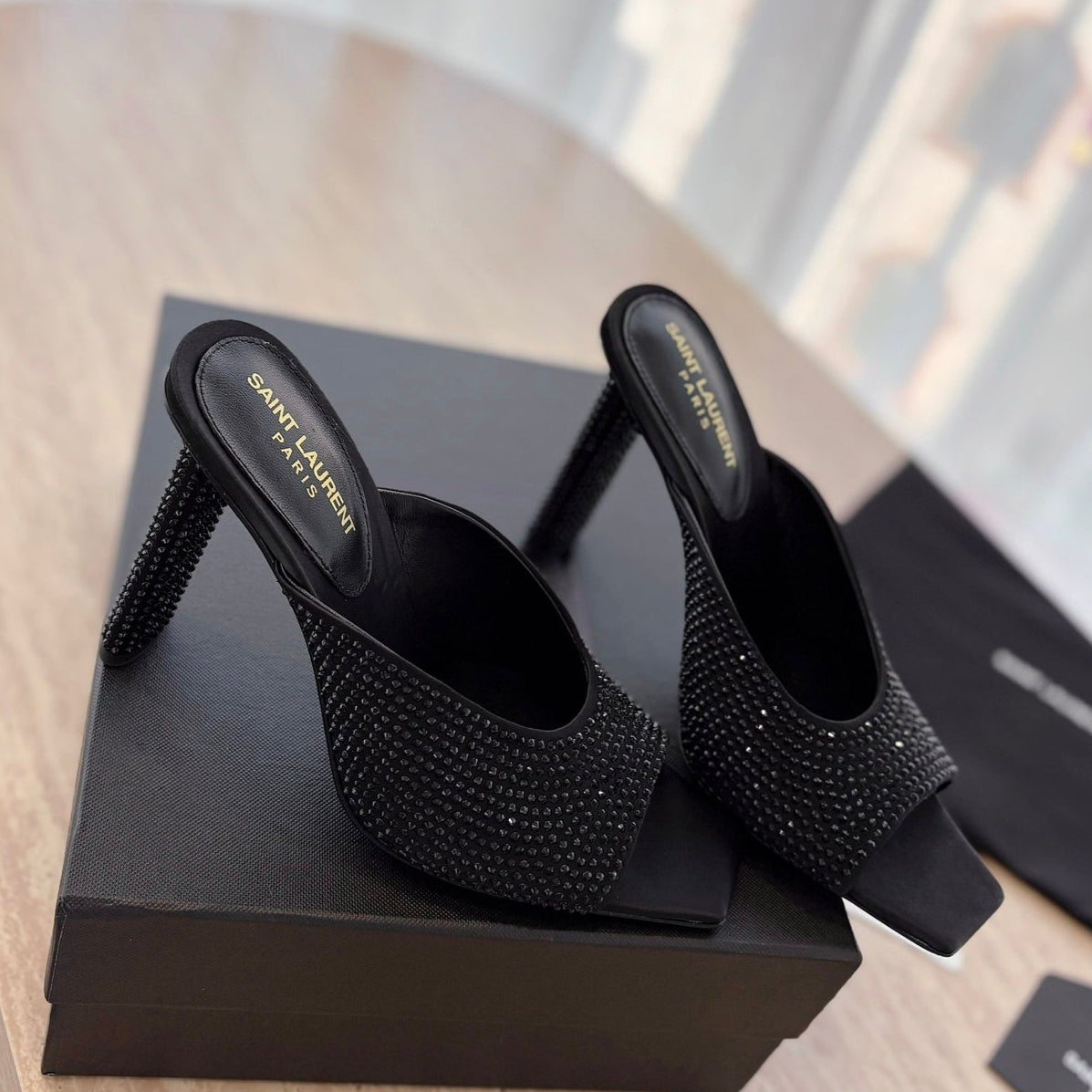 LOUIS VUITTON HIGH HEEL BLONDE MULE 10 CM IN BLACK SATIN WITH RHINESTONES