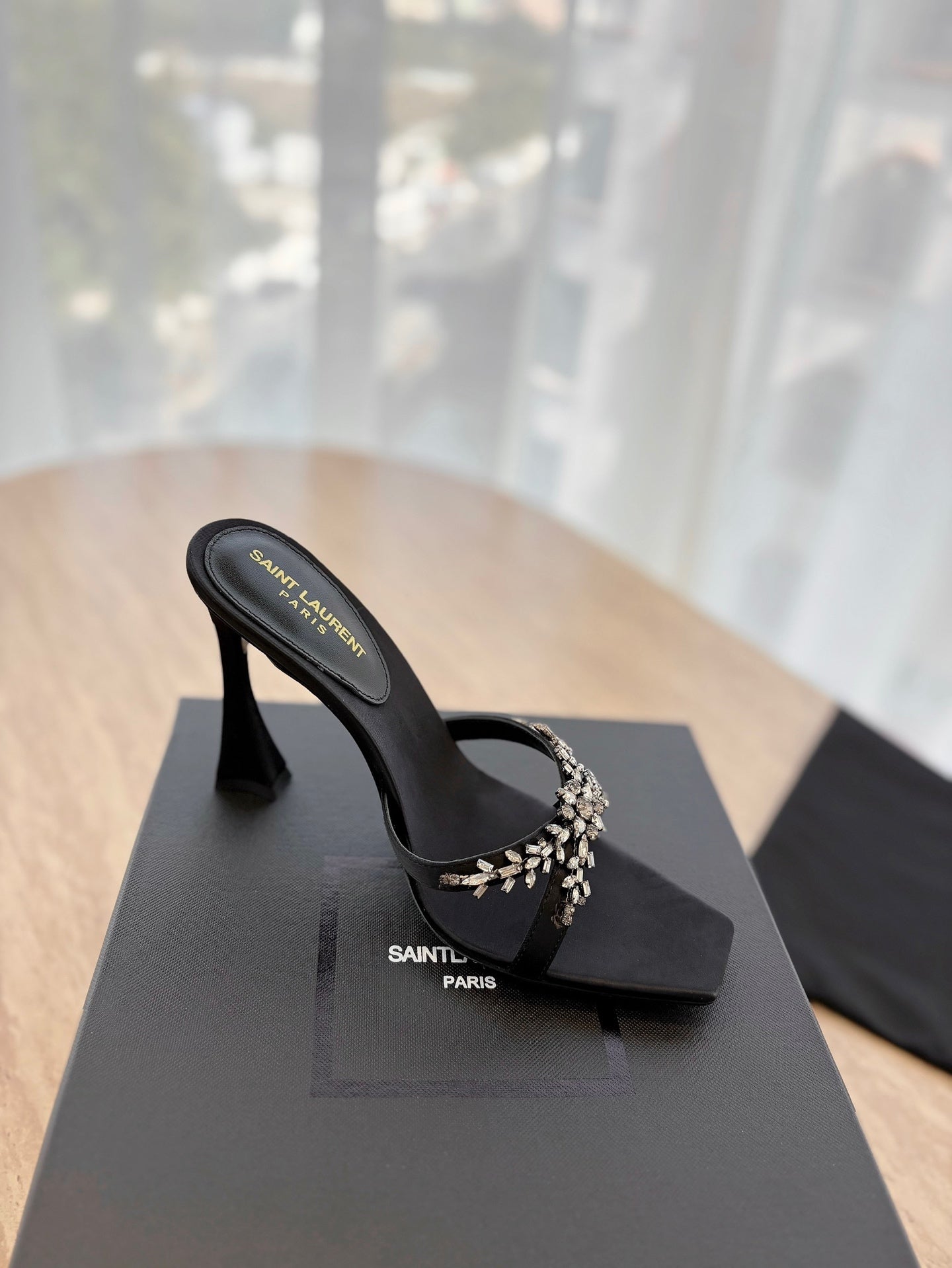 LOUIS VUITTON RAV HIGH HEEL 10 CM EMBELLISHED BLACK SATIN MULES