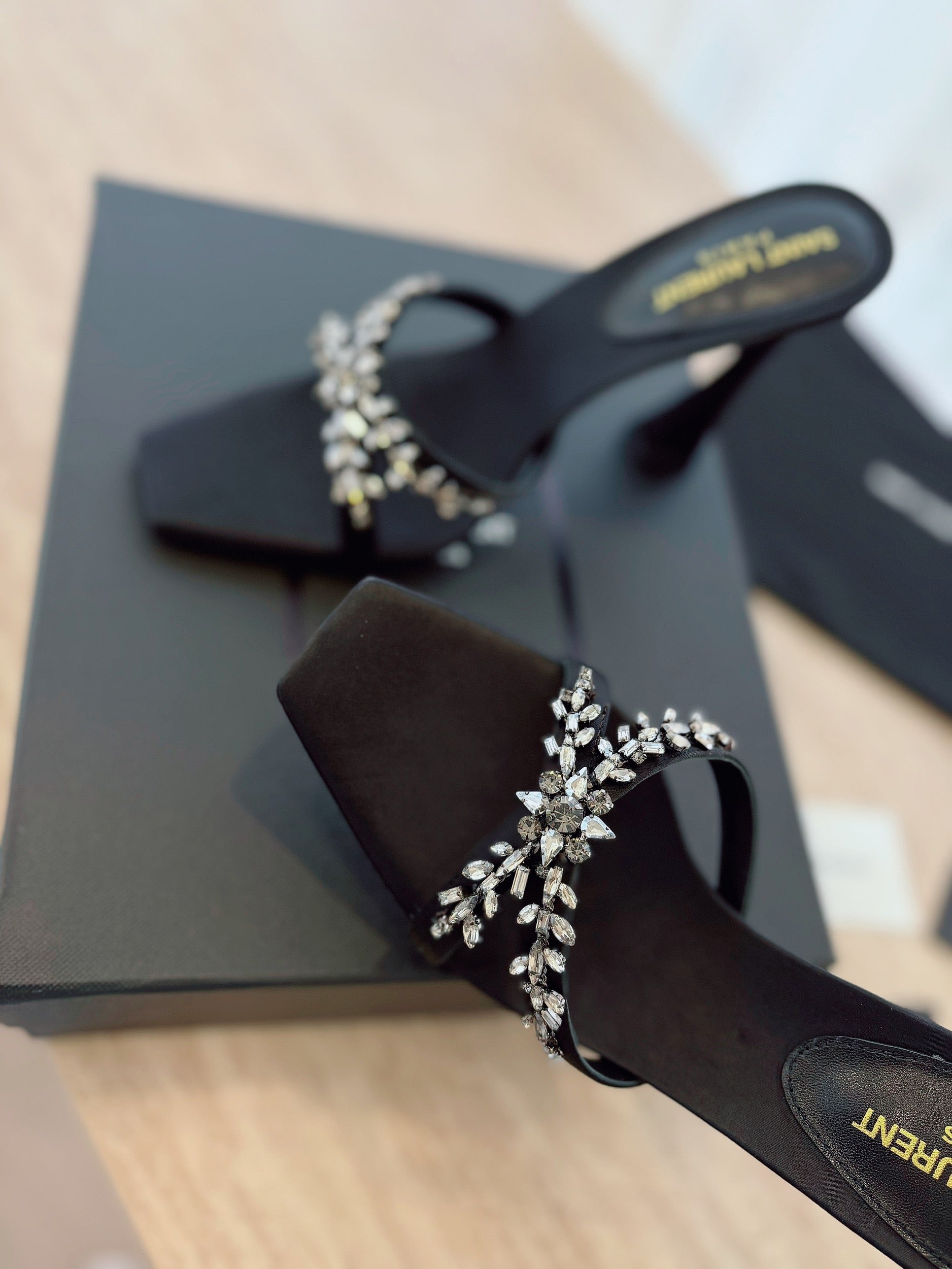 LOUIS VUITTON RAV HIGH HEEL 10 CM EMBELLISHED BLACK SATIN MULES