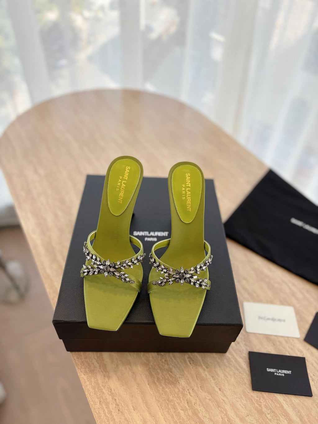 LOUIS VUITTON RAV HIGH HEEL 10 CM EMBELLISHED OLIVE GREEN SATIN MULES