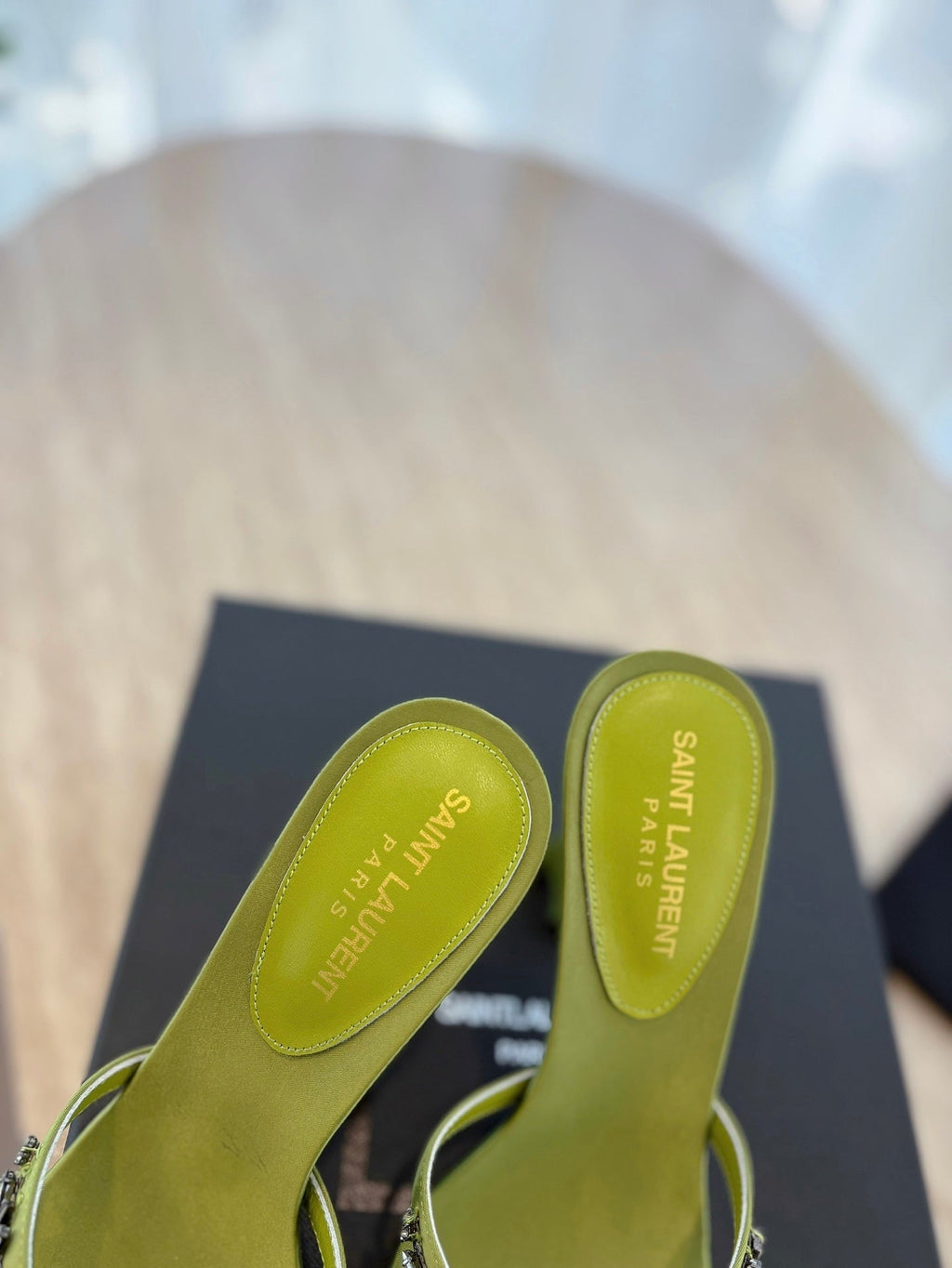 LOUIS VUITTON RAV HIGH HEEL 10 CM EMBELLISHED OLIVE GREEN SATIN MULES