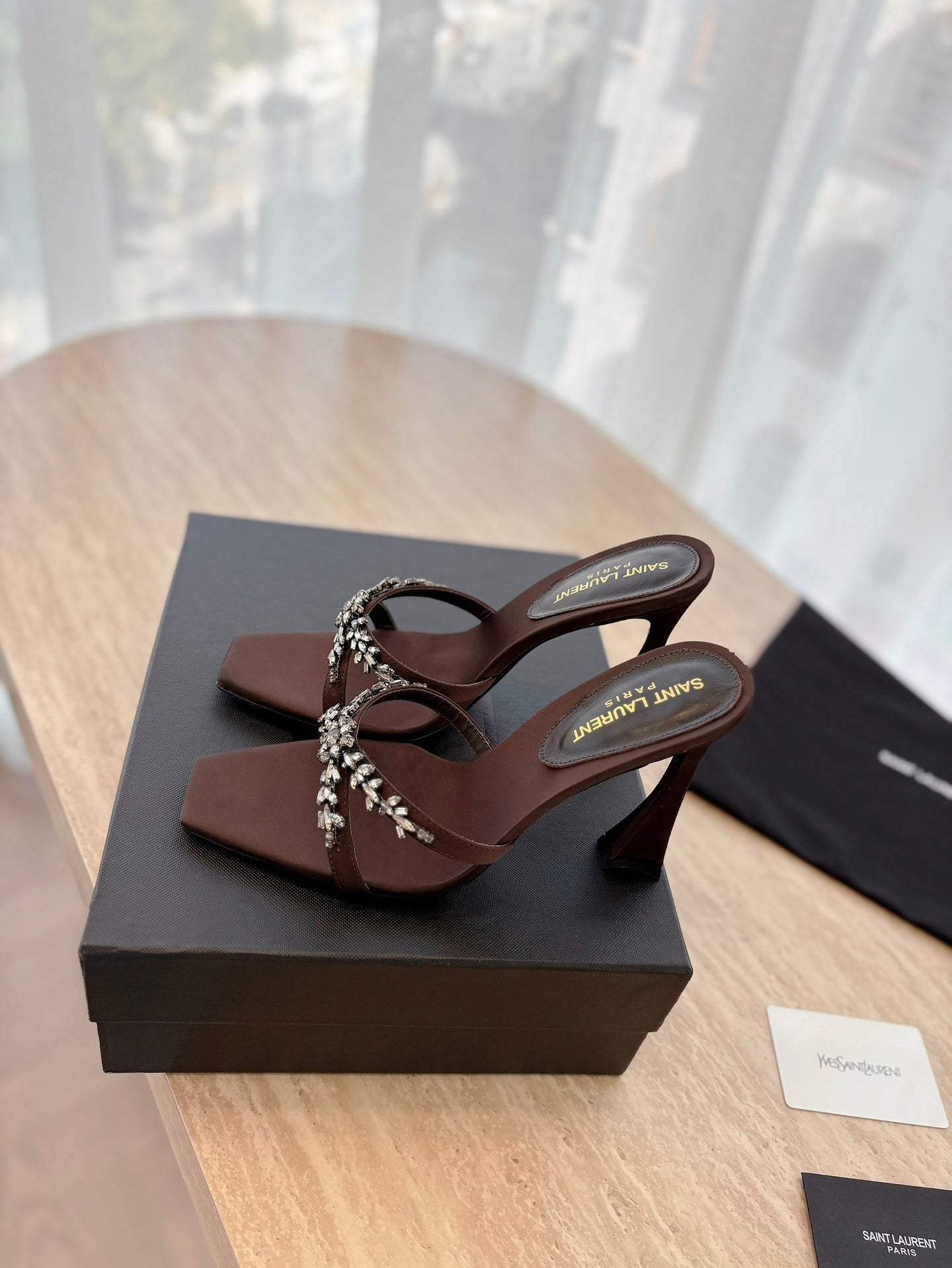 LOUIS VUITTON RAV HIGH HEEL 10 CM EMBELLISHED CHOCOLATE BROWN SATIN MULES