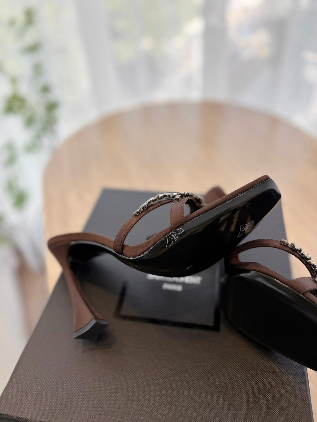 LOUIS VUITTON RAV HIGH HEEL 10 CM EMBELLISHED CHOCOLATE BROWN SATIN MULES