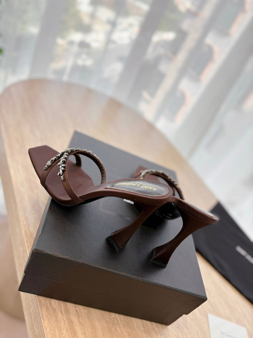 LOUIS VUITTON RAV HIGH HEEL 10 CM EMBELLISHED CHOCOLATE BROWN SATIN MULES