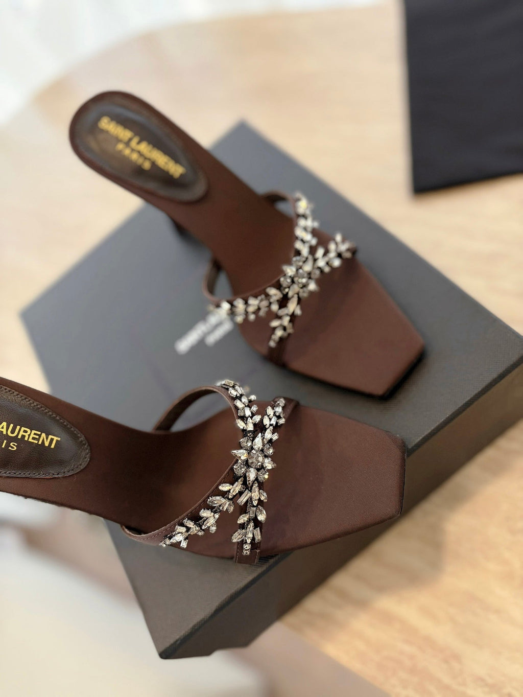 LOUIS VUITTON RAV HIGH HEEL 10 CM EMBELLISHED CHOCOLATE BROWN SATIN MULES