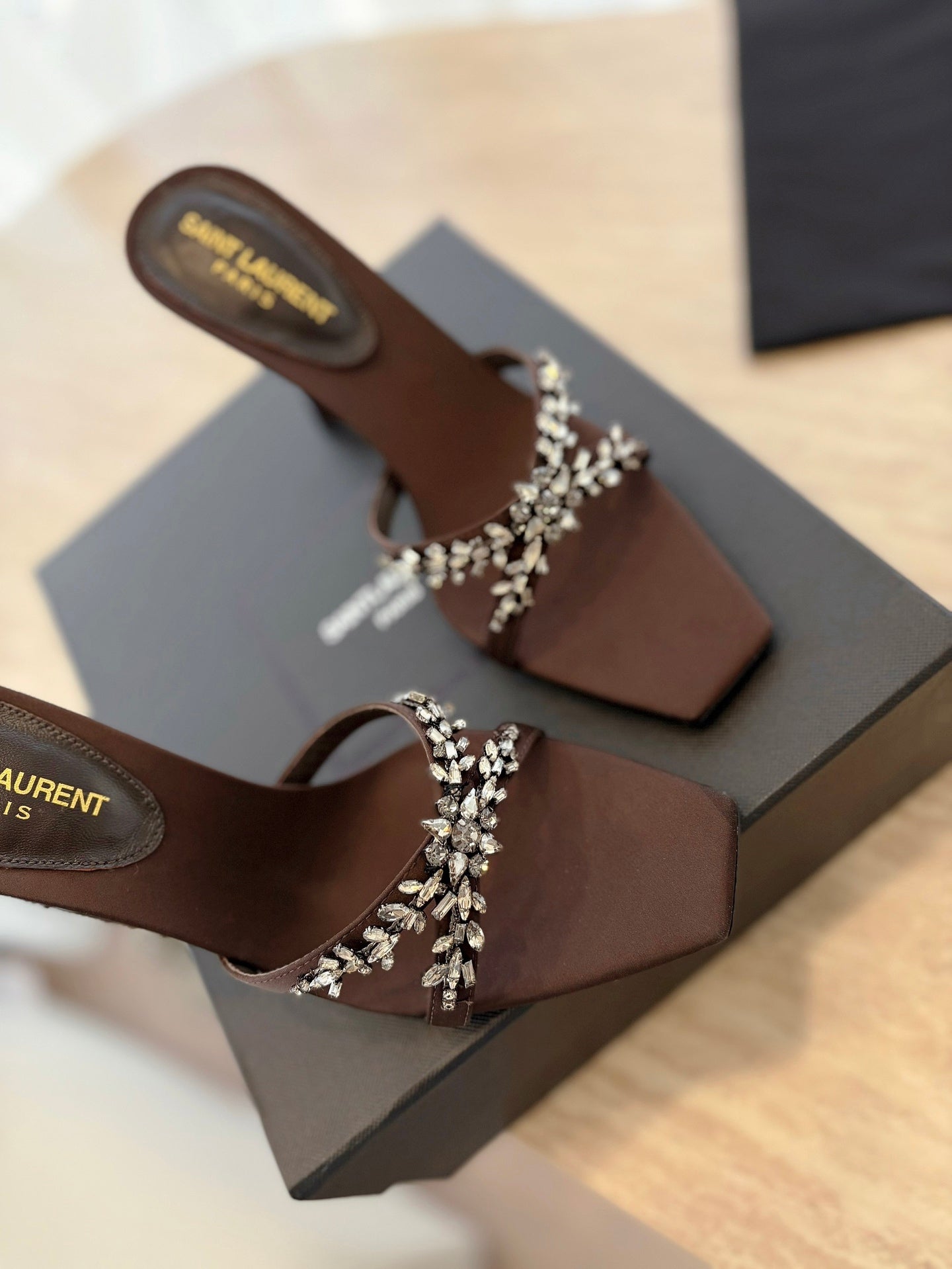 LOUIS VUITTON RAV HIGH HEEL 10 CM EMBELLISHED CHOCOLATE BROWN SATIN MULES