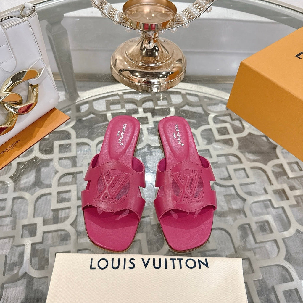 LOUIS VUITTON ISOLA FLAT SLIDE IN DARK PINK CALFSKIN