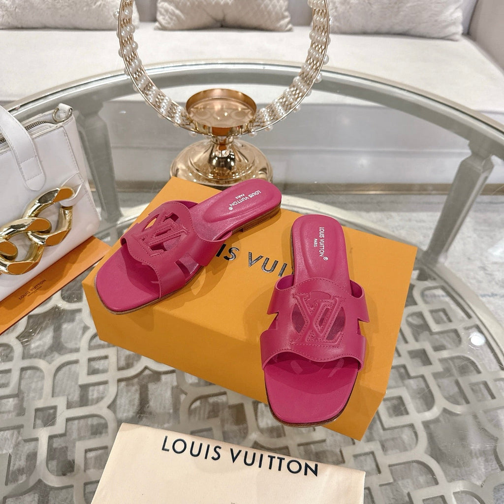 LOUIS VUITTON ISOLA FLAT SLIDE IN DARK PINK CALFSKIN