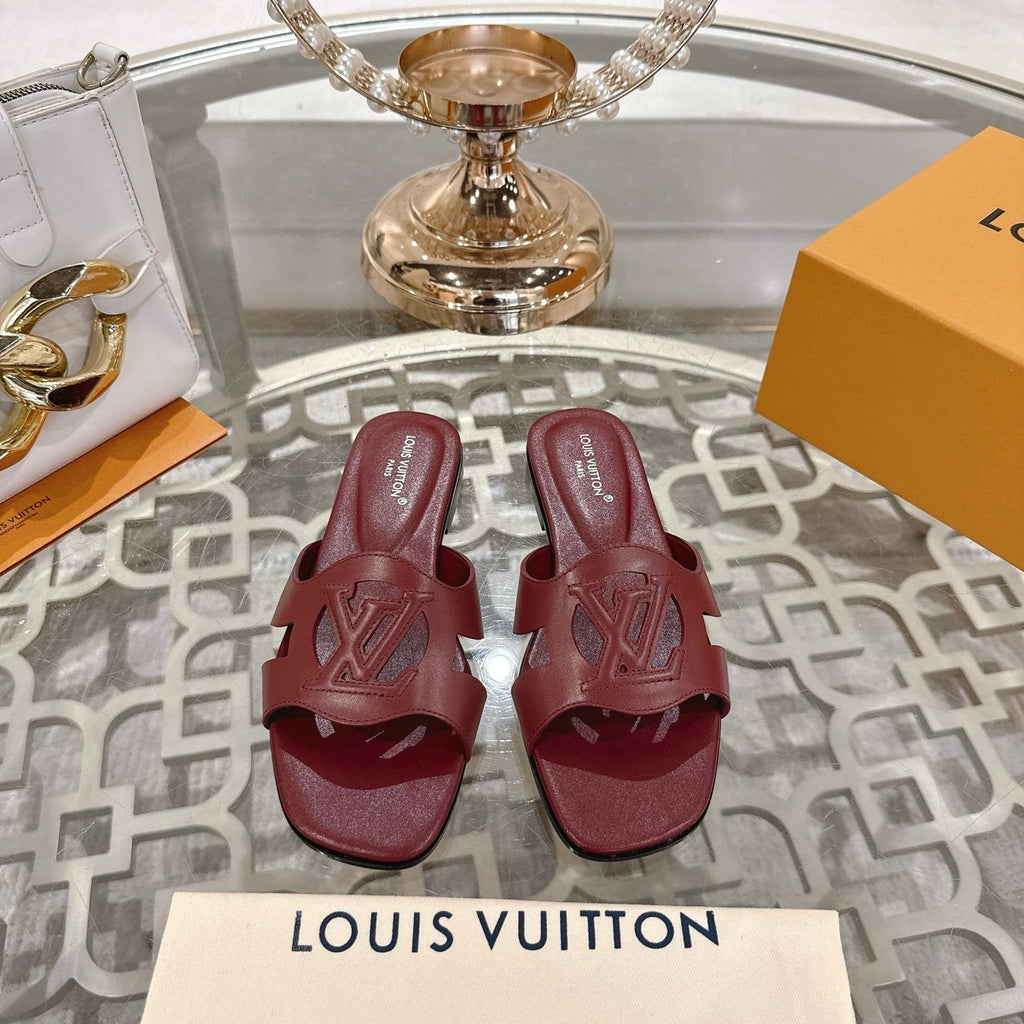 LOUIS VUITTON ISOLA FLAT SLIDE IN JAM RED CALFSKIN