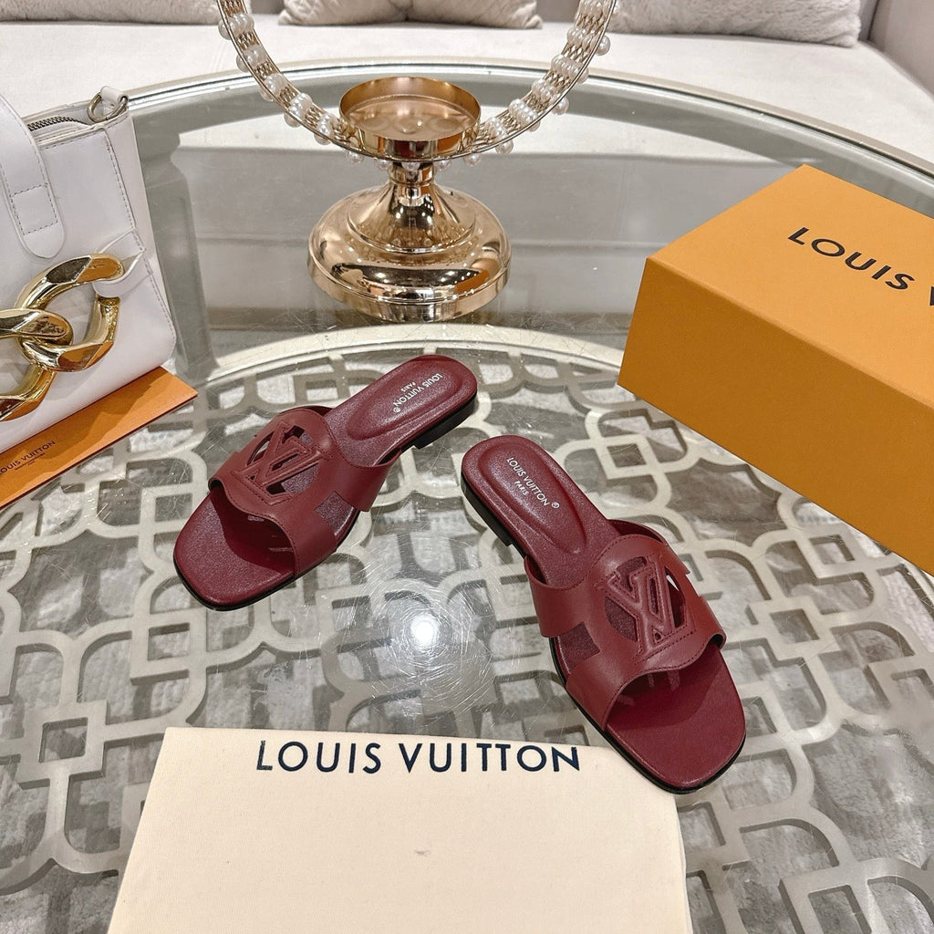 LOUIS VUITTON ISOLA FLAT SLIDE IN JAM RED CALFSKIN