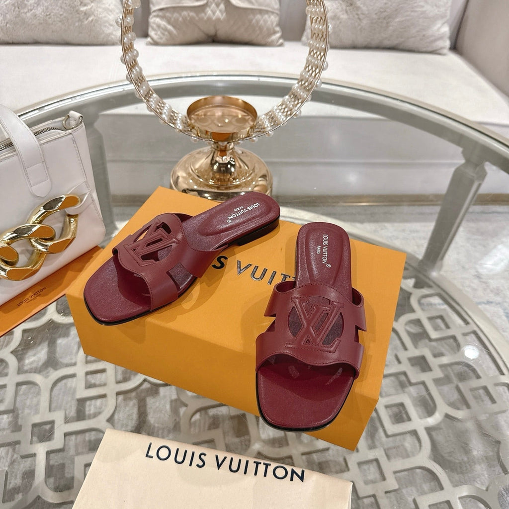 LOUIS VUITTON ISOLA FLAT SLIDE IN JAM RED CALFSKIN