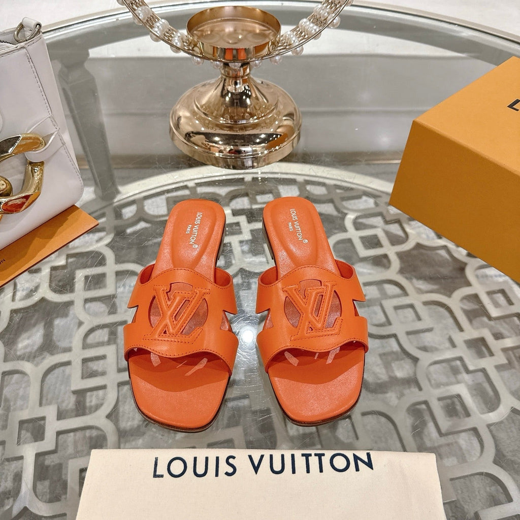 LOUIS VUITTON ISOLA FLAT SLIDE IN VIVID ORANGE CALFSKIN