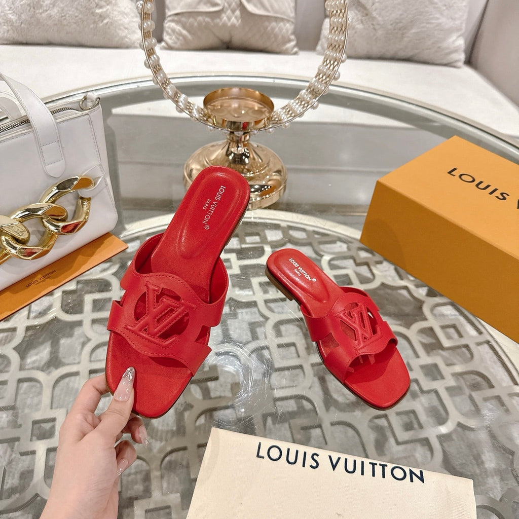 LOUIS VUITTON ISOLA FLAT SLIDE IN CHERRY RED CALFSKIN