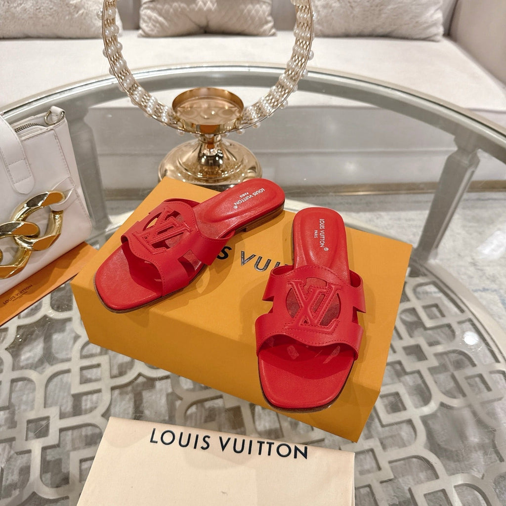 LOUIS VUITTON ISOLA FLAT SLIDE IN CHERRY RED CALFSKIN