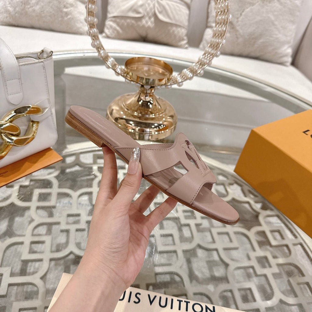 LOUIS VUITTON ISOLA FLAT SLIDE IN DUSTY PINK CALFSKIN