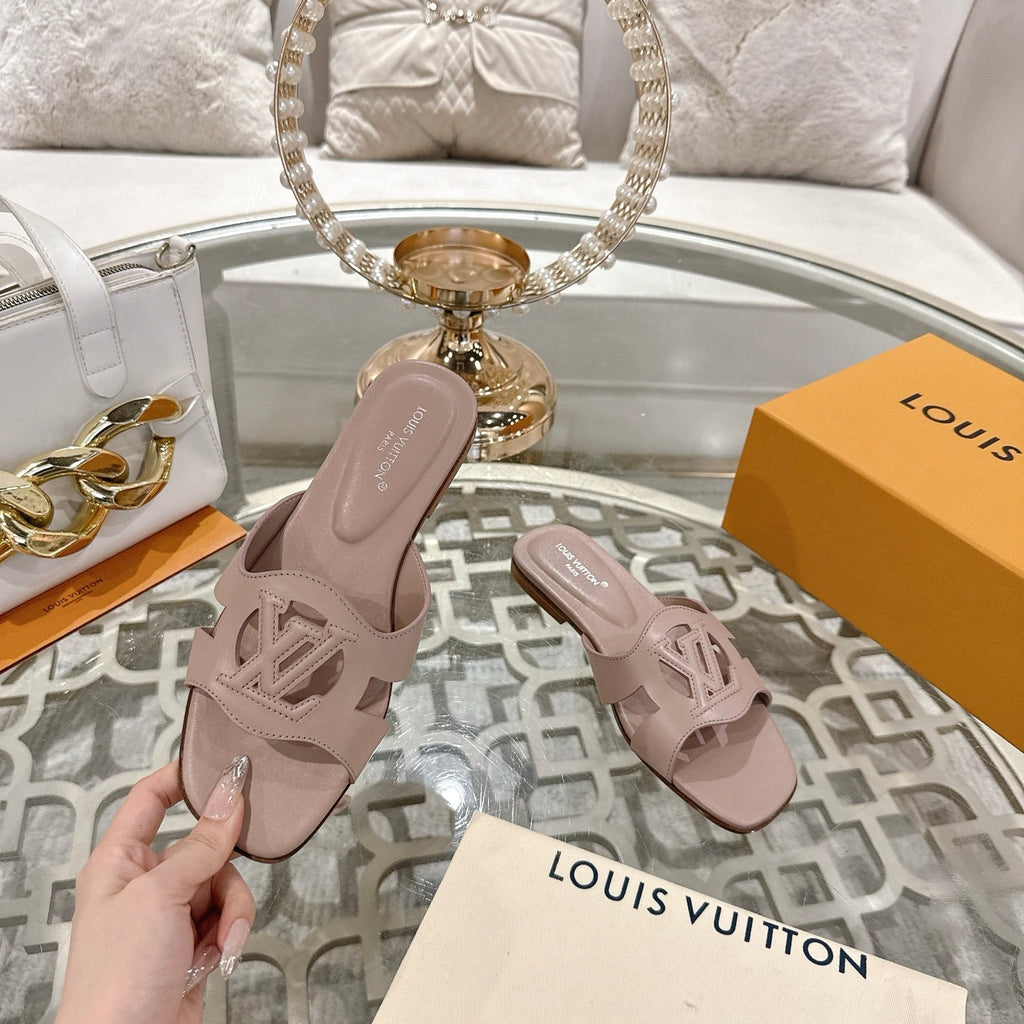 LOUIS VUITTON ISOLA FLAT SLIDE IN DUSTY PINK CALFSKIN