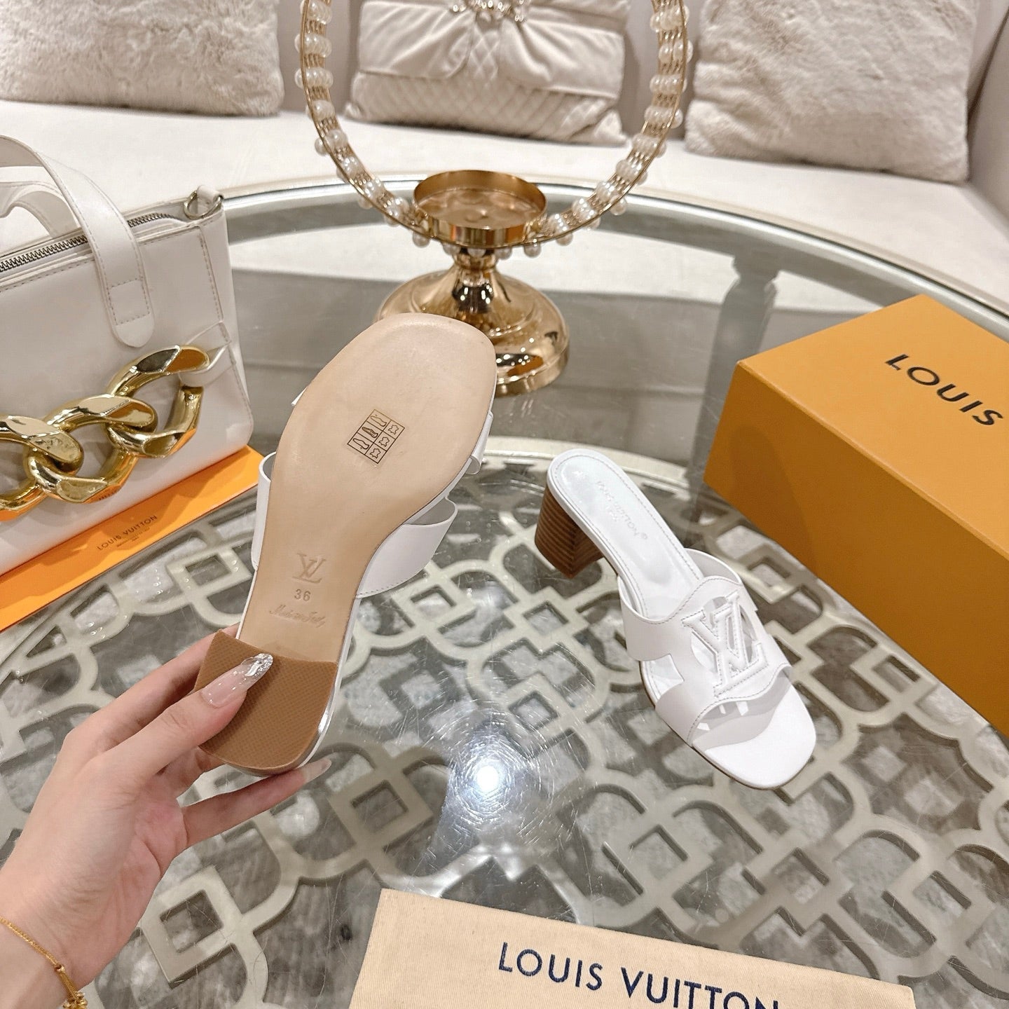 LOUIS VUITTON ISOLA HIGH 55 MM MULE IN WHITE CALFSKIN