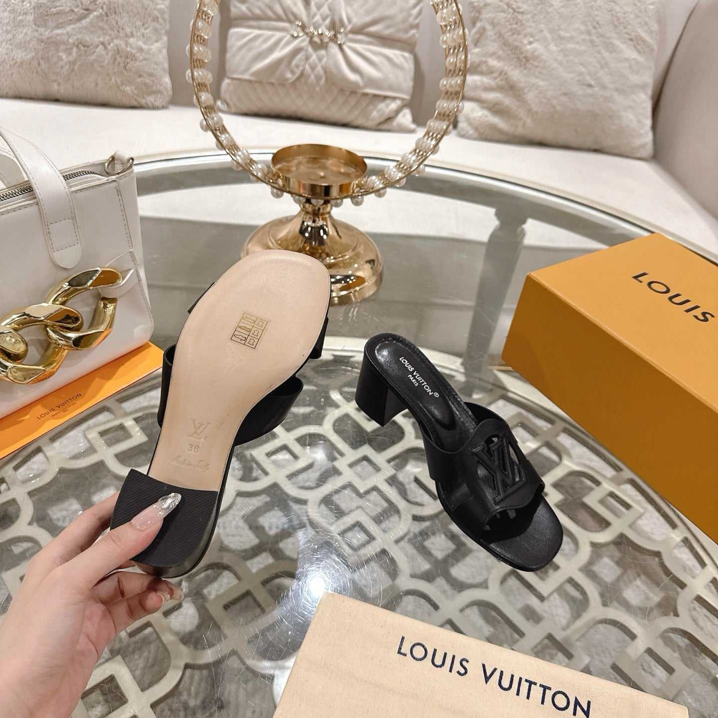 LOUIS VUITTON ISOLA HIGH 55 MM MULE IN BLACK CALFSKIN