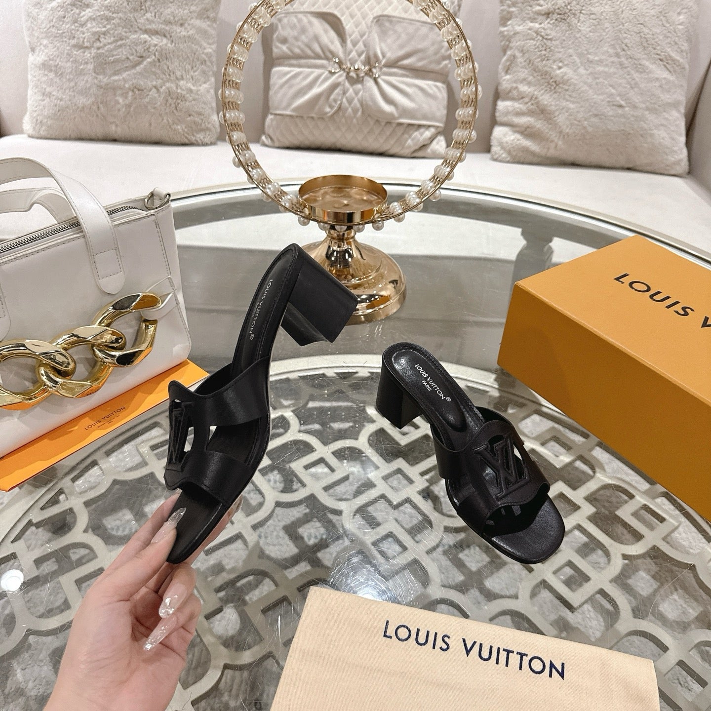 LOUIS VUITTON ISOLA HIGH 55 MM MULE IN BLACK CALFSKIN