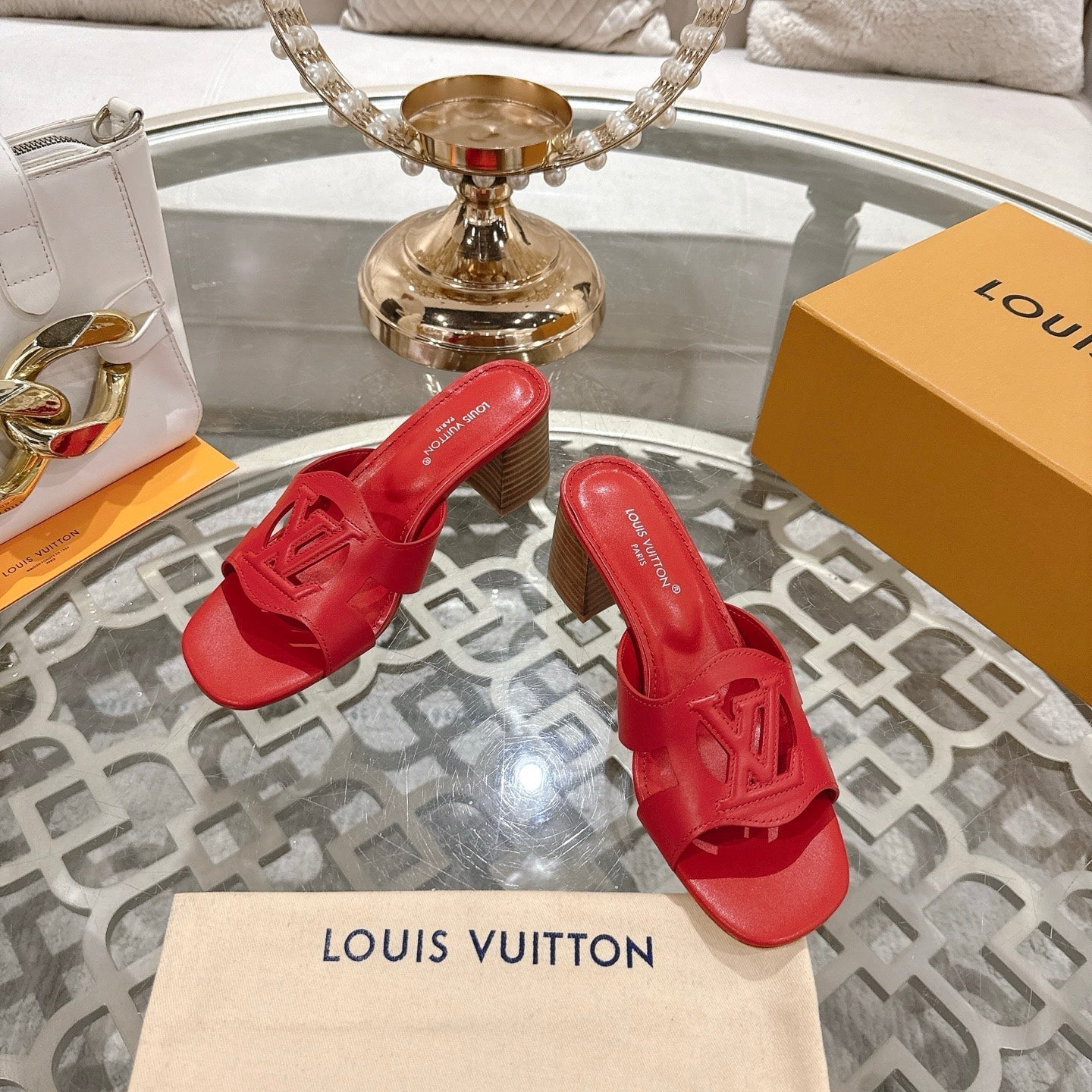LOUIS VUITTON ISOLA HIGH 55 MM MULE IN CHERRY RED CALFSKIN