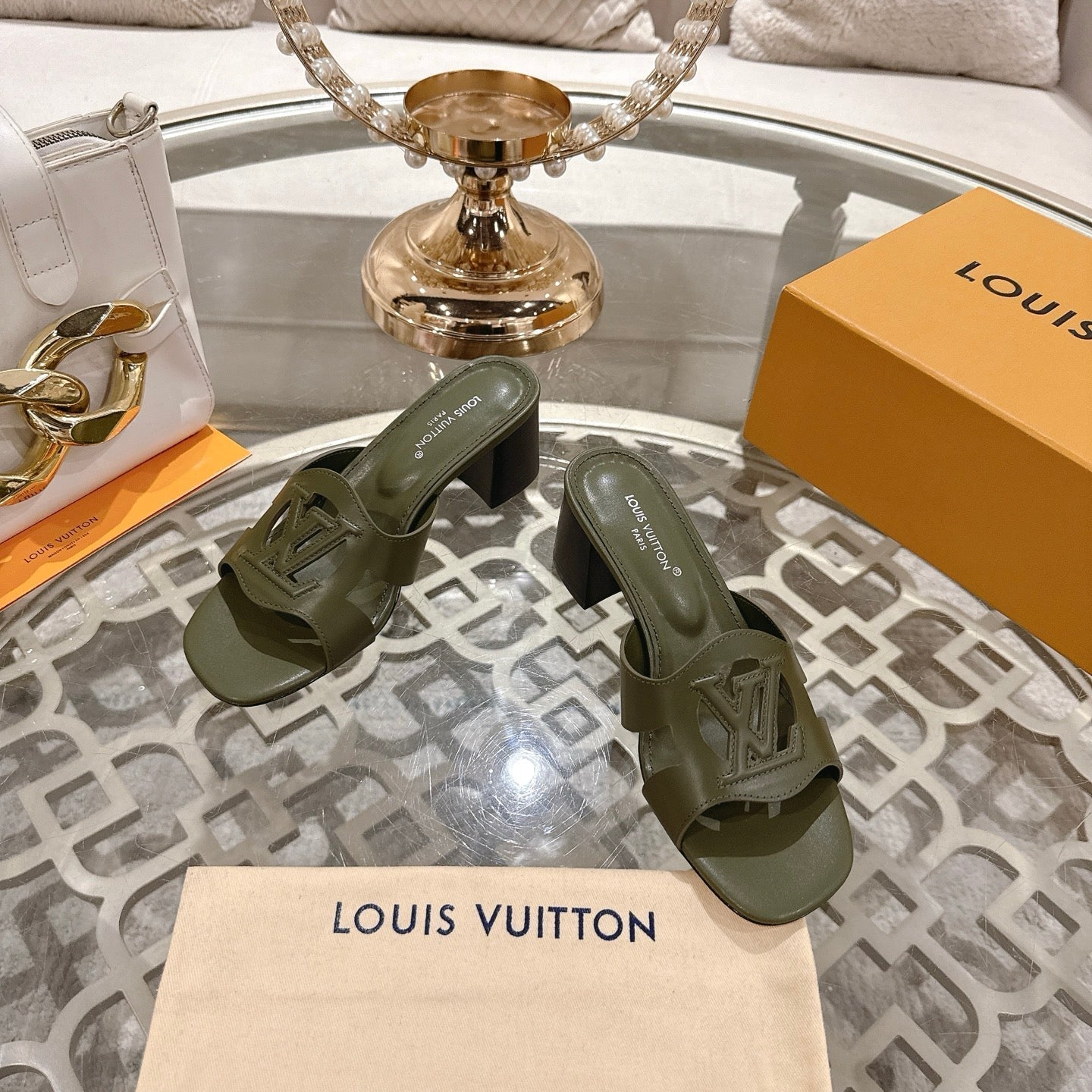 LOUIS VUITTON ISOLA HIGH 55 MM MULE IN ARMY GREEN CALFSKIN