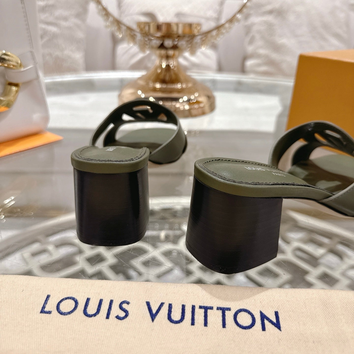 LOUIS VUITTON ISOLA HIGH 55 MM MULE IN ARMY GREEN CALFSKIN