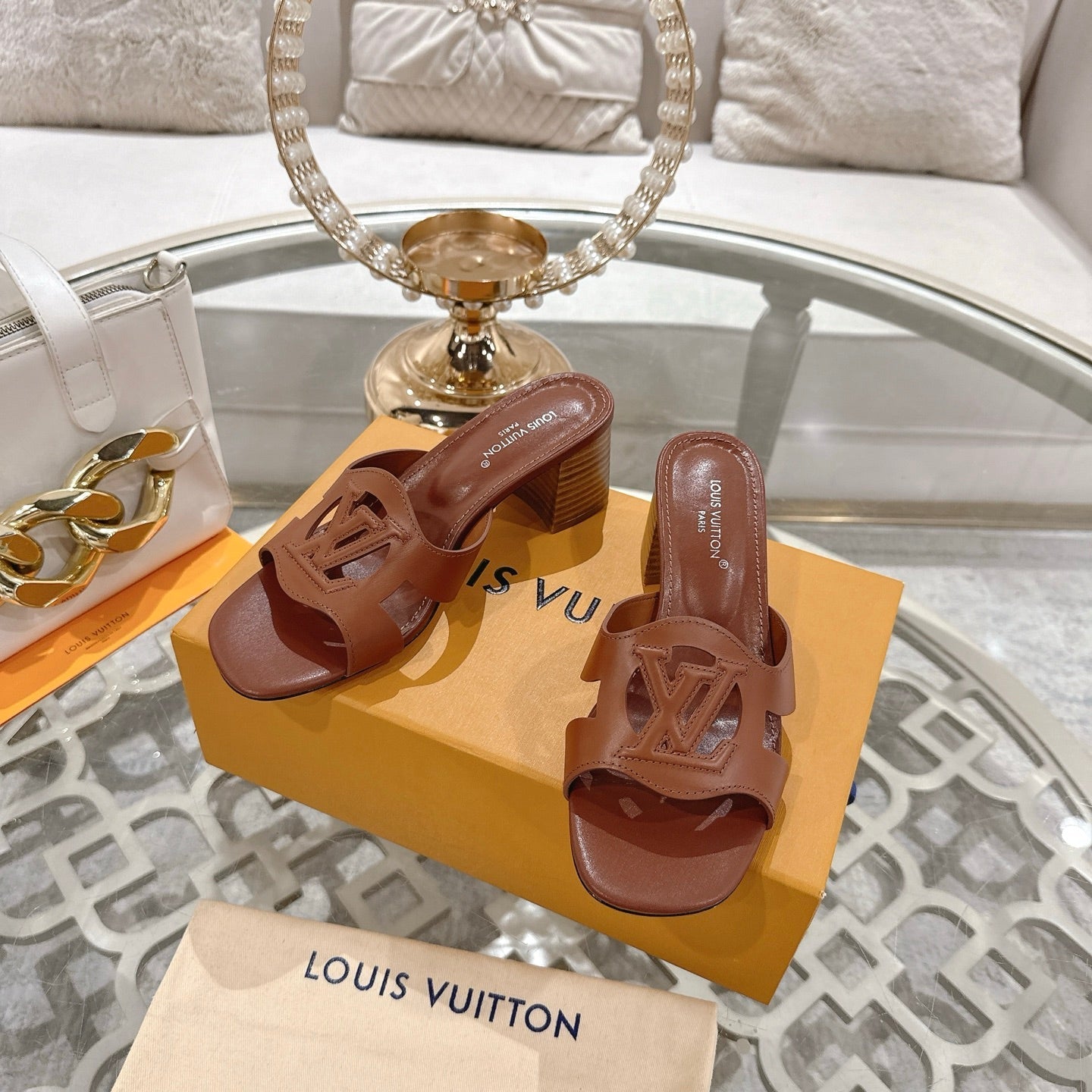 LOUIS VUITTON ISOLA HIGH 55 MM MULE IN PENNY BROWN CALFSKIN
