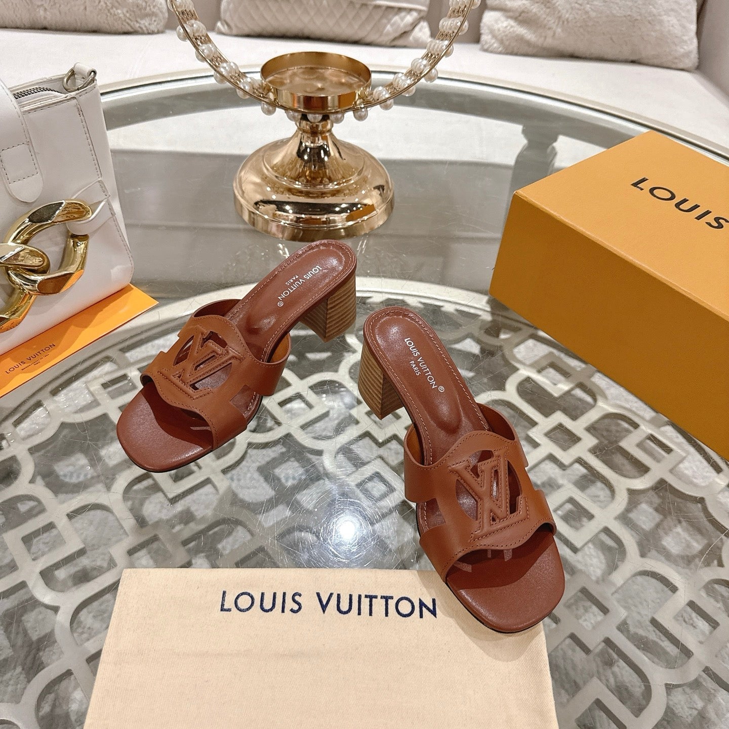 LOUIS VUITTON ISOLA HIGH 55 MM MULE IN PENNY BROWN CALFSKIN