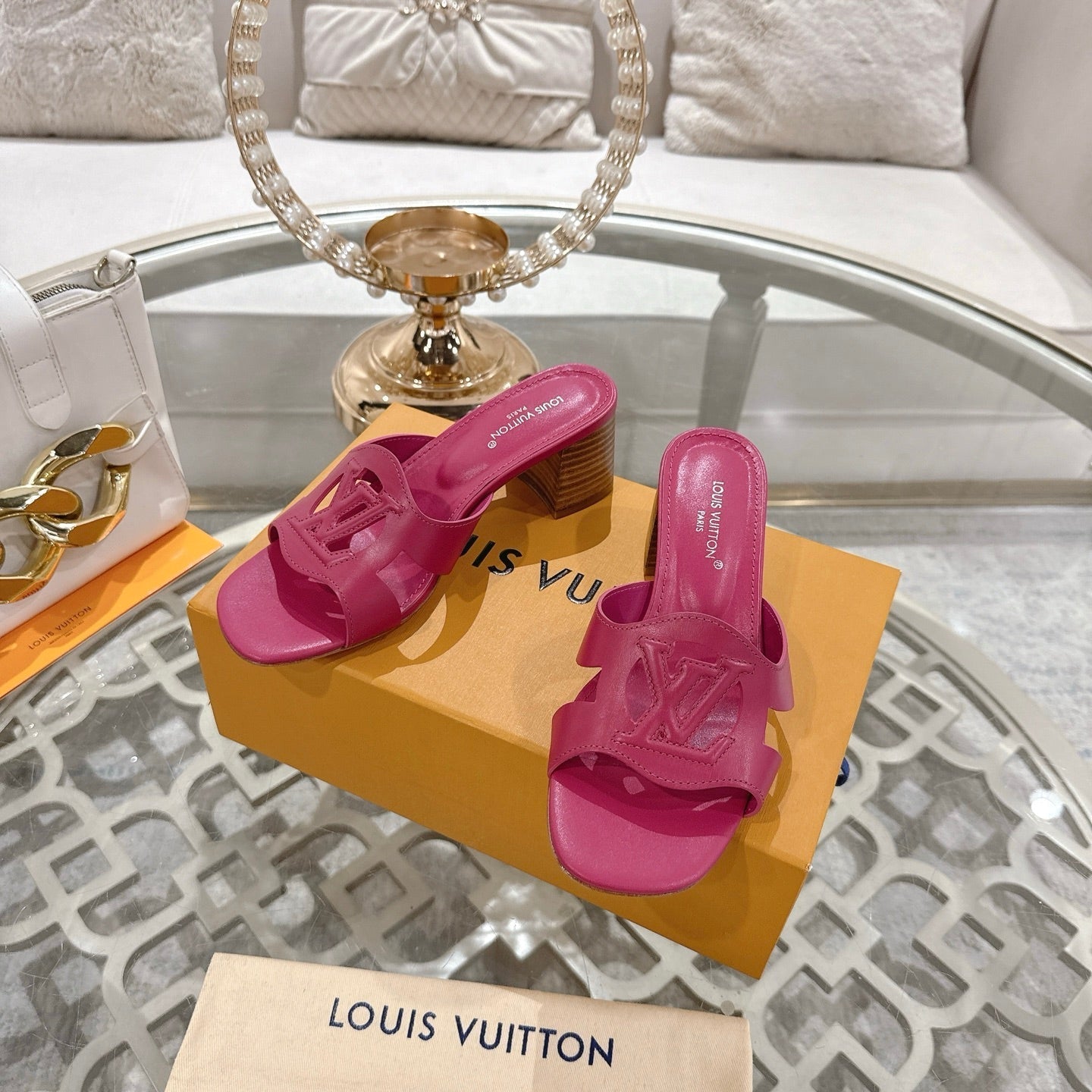 LOUIS VUITTON ISOLA HIGH 55 MM MULE IN DARK PINK CALFSKIN