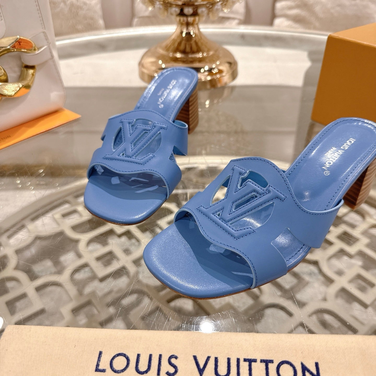 LOUIS VUITTON ISOLA HIGH 55 MM MULE IN CORNFLOWER BLUE CALFSKIN
