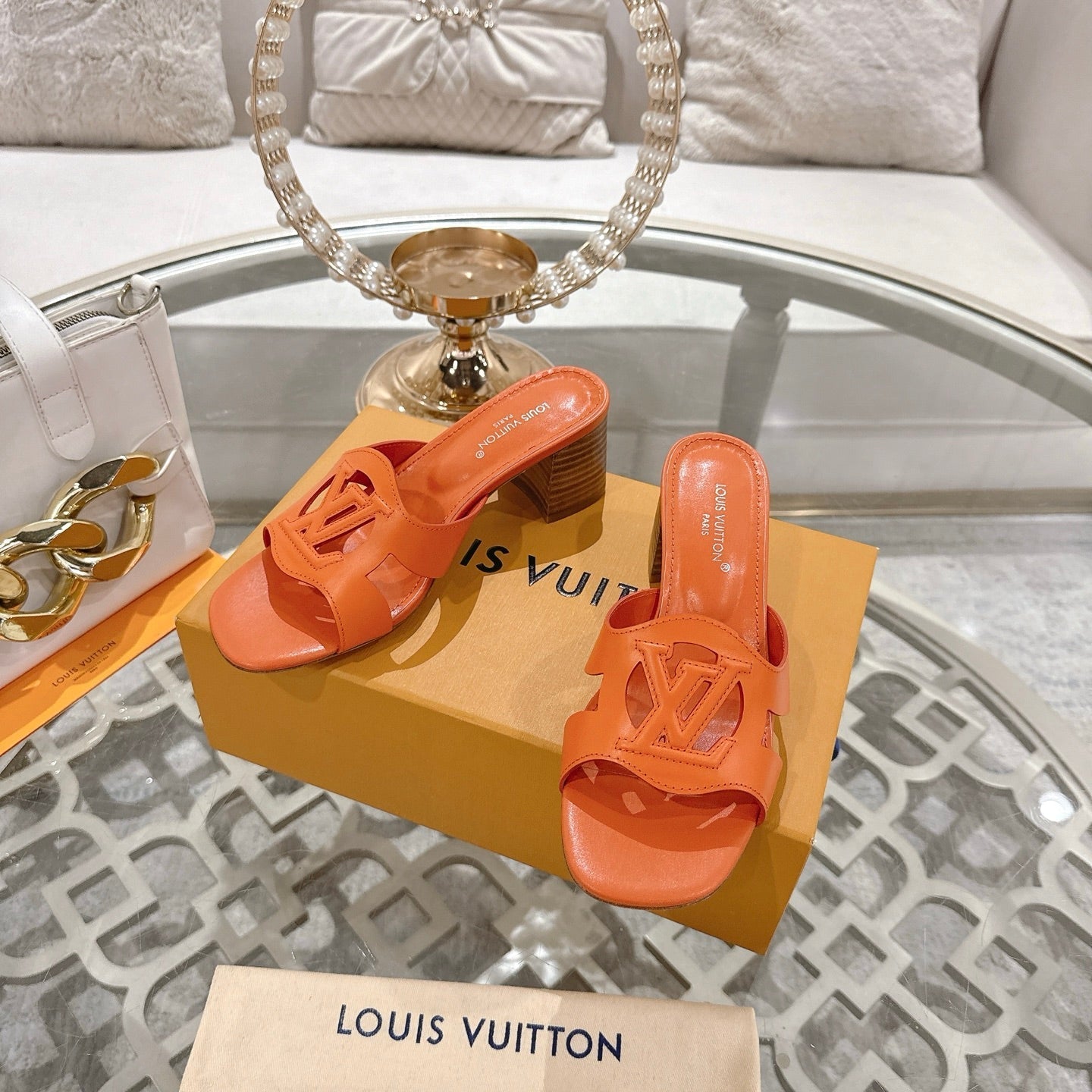 LOUIS VUITTON ISOLA HIGH 55 MM MULE IN VIVID ORANGE CALFSKIN