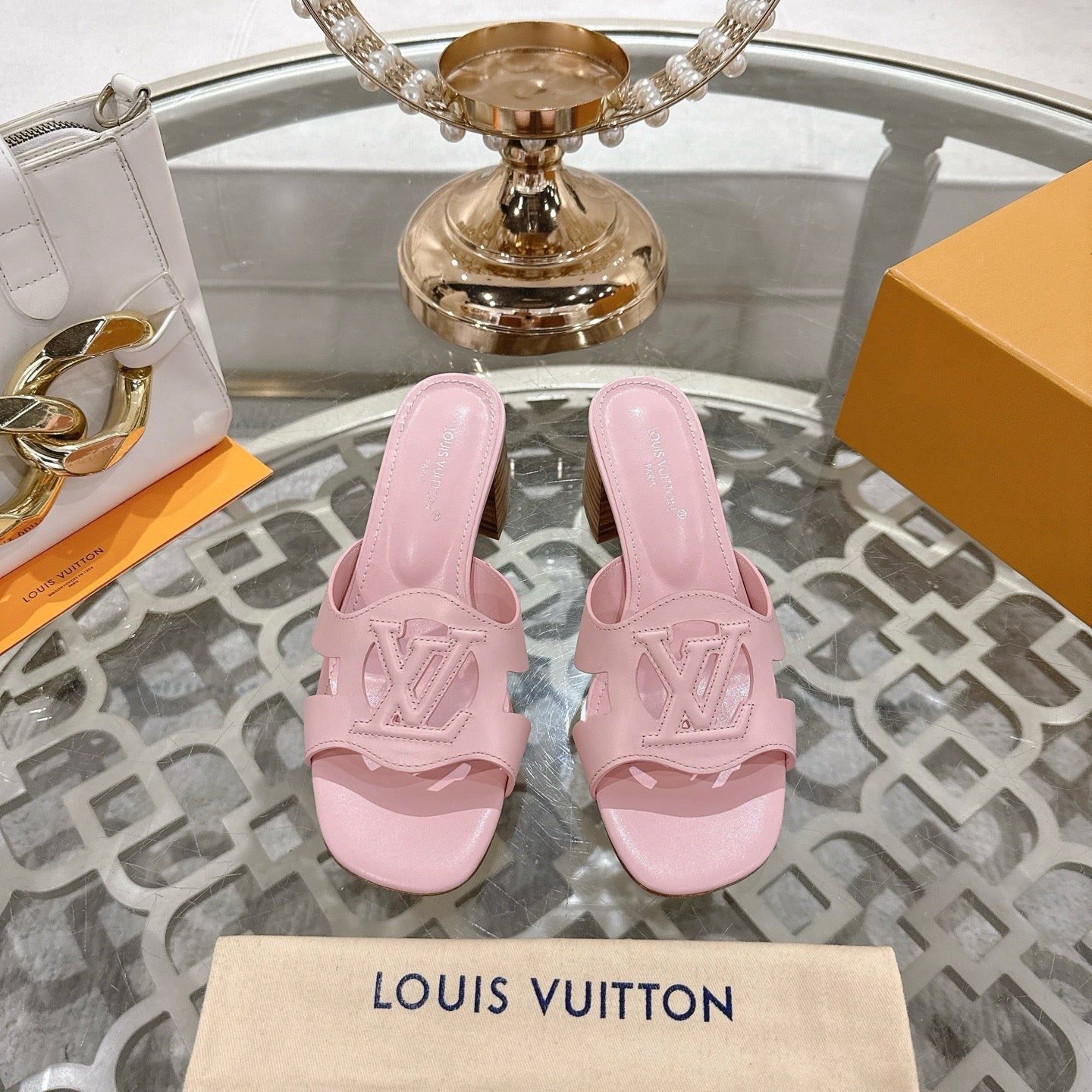 LOUIS VUITTON ISOLA HIGH 55 MM MULE IN PASTEL PINK CALFSKIN