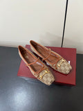 GUCCI MARY JANE 25S IN MINK BROWN CANVAS MIX LAMBSKIN WITH GOLD HARDWARE