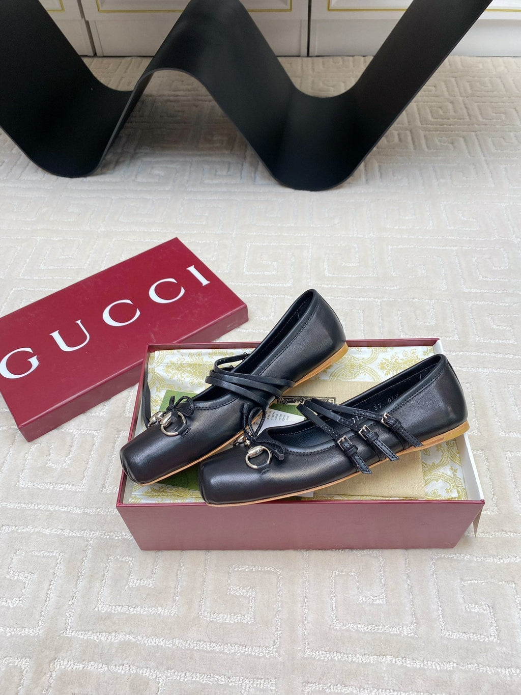 GUCCI BALLET FLAT BLACK HORIZONTAL STRAPS LAMBSKIN