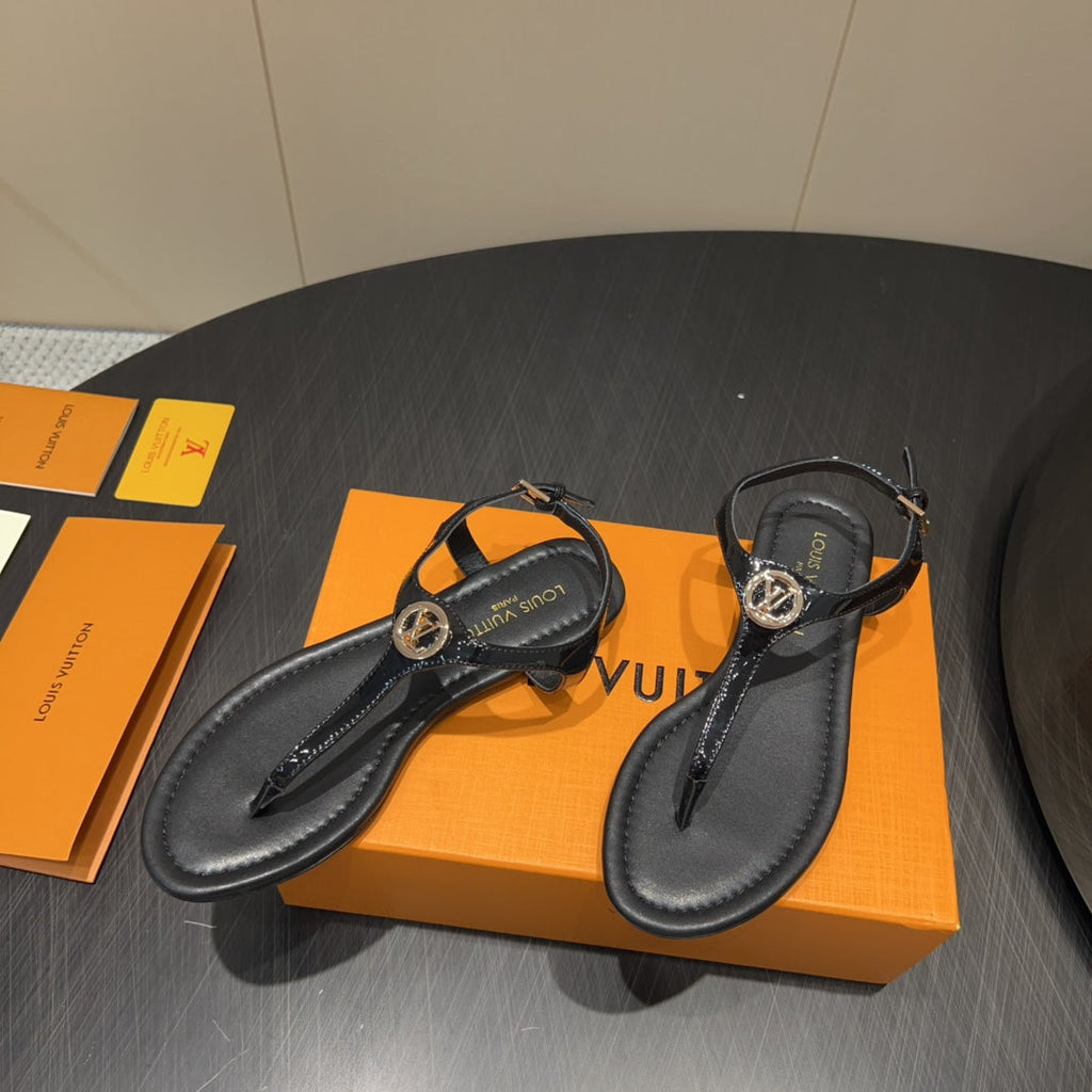 LOUIS VUITTON LV THONG SANDALS 25S IN BLACK CALFSKIN WITH GOLD HARDWARE