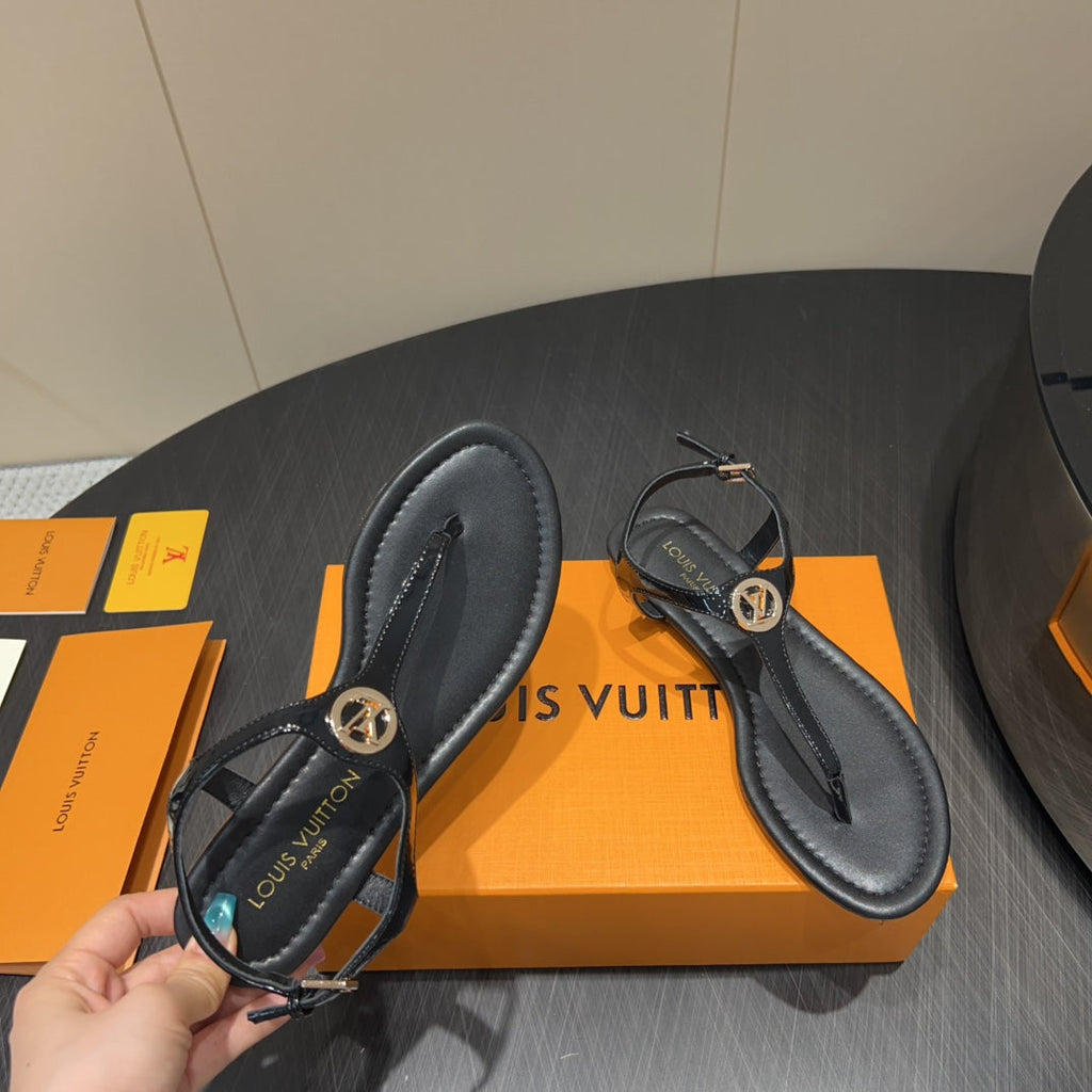 LOUIS VUITTON LV THONG SANDALS 25S IN BLACK CALFSKIN WITH GOLD HARDWARE