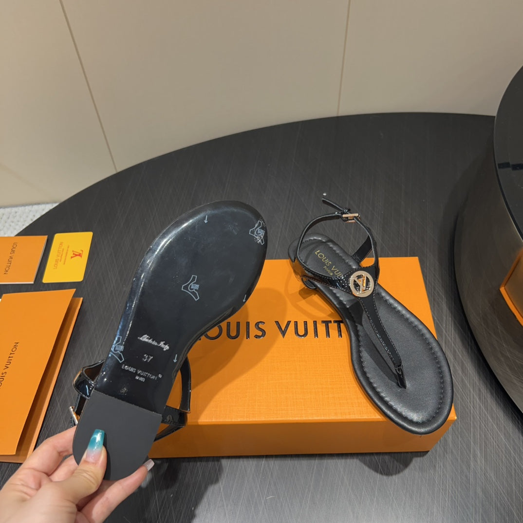 LOUIS VUITTON LV THONG SANDALS 25S IN BLACK CALFSKIN WITH GOLD HARDWARE