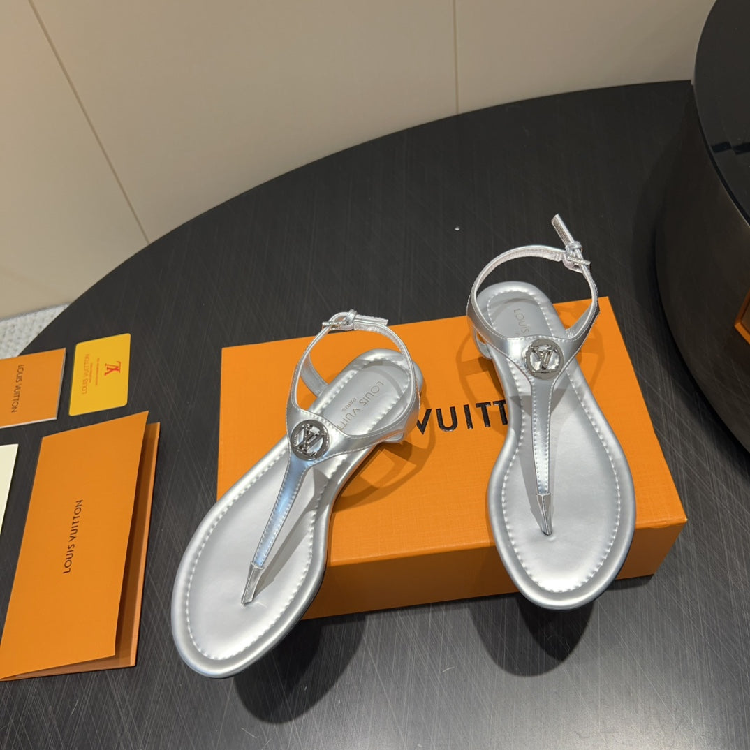 LOUIS VUITTON LV THONG SANDALS 25S IN SILVER CALFSKIN WITH SILVER HARDWARE