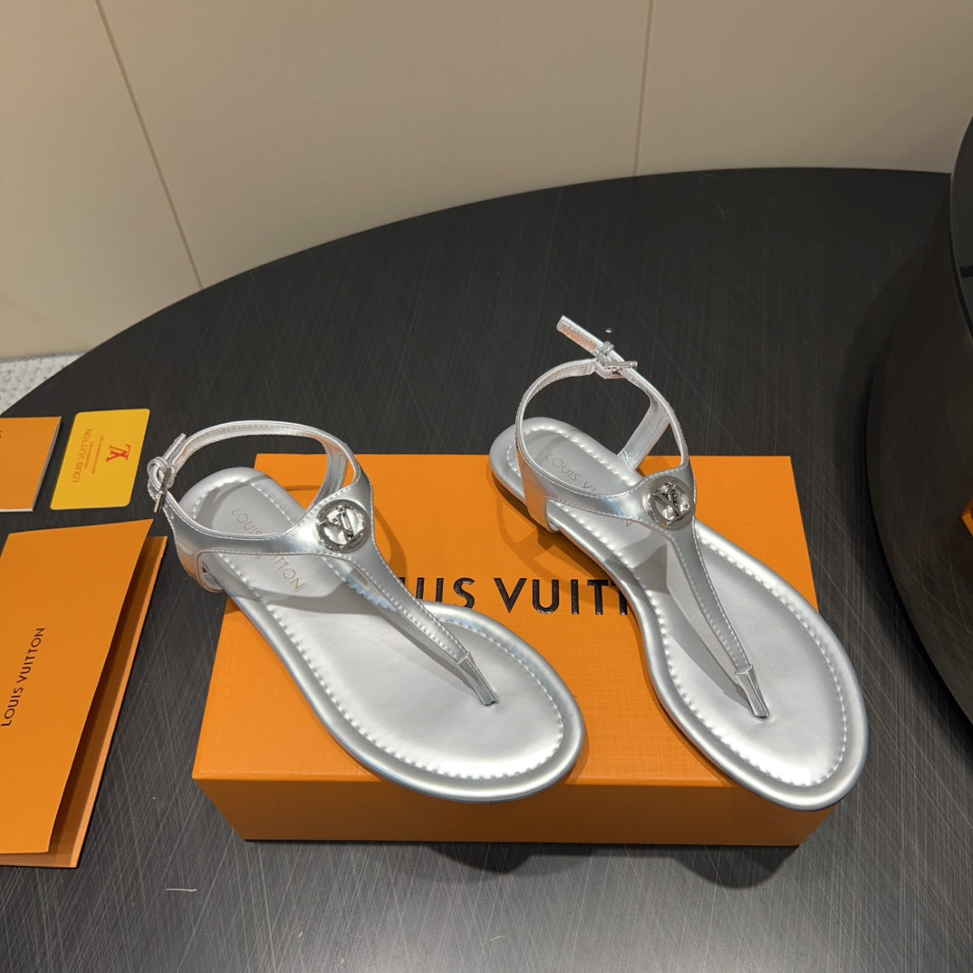 LOUIS VUITTON LV THONG SANDALS 25S IN SILVER CALFSKIN WITH SILVER HARDWARE