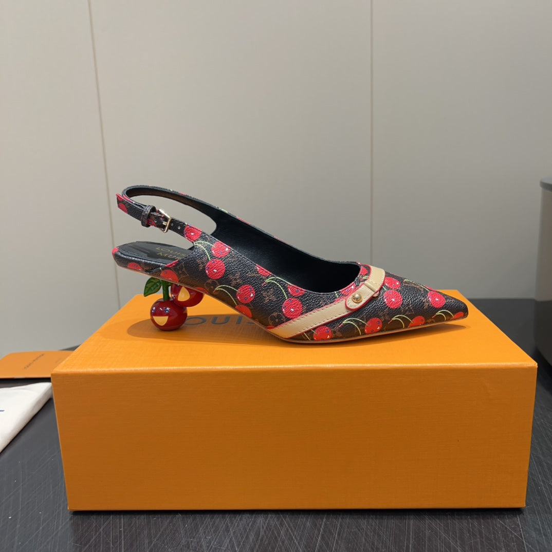 LOUIS VUITTON LV HIGH SLINGBACK LOGO AND CHERRY PRINT 25S 55MM IN DARK BROWN CALFSKIN